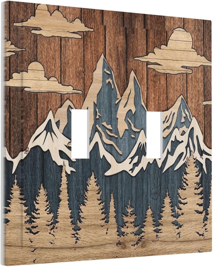 Blue Mountain Range Forest Nature Wilderness Wood Texture Decorative Switch Plates 2 Gang Double Toggle Outlet Light Switch Cover Wall Plate Electrical Faceplate for Farmhouse Home Decor