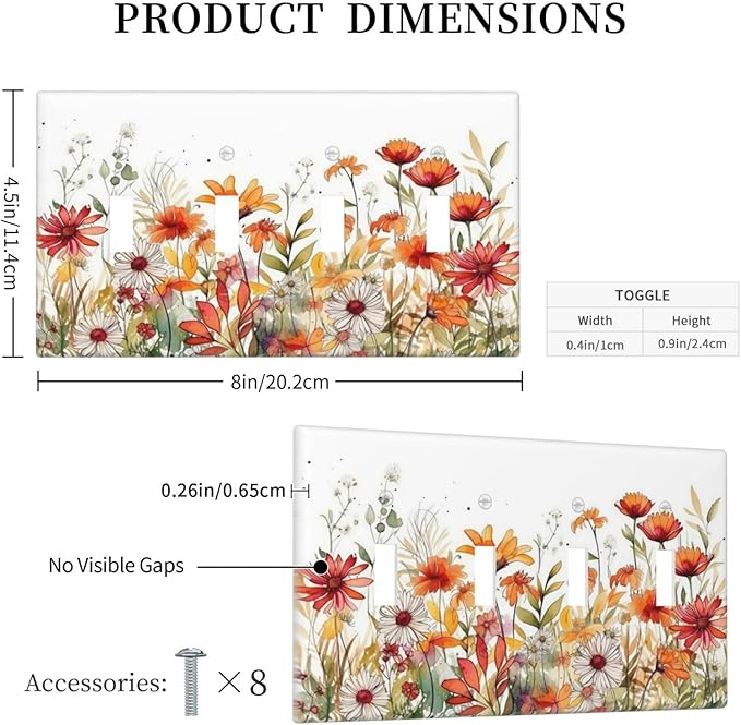 Watercolor Wild Flower Floral Daisy Plant Light Switch Covers Quad Toggle Electrical Faceplate 4 Gang Wall Plate Decorative Switch Plates for Bedroom Living Room Decor