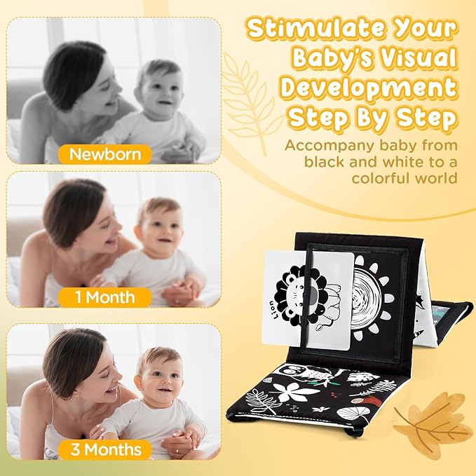 URMYWO Tummy Time Mirror Toys, Visual Stimulation Learning Cards, High Contrast Black and White Baby Toys for Newborn, Soft Baby Book for Infant 0-12 Months, Baby Boy Girl Shower Gift