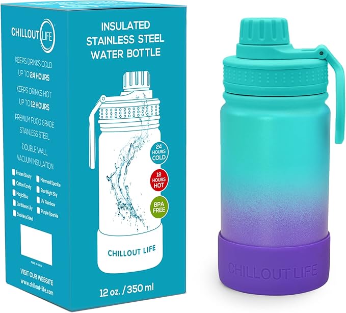 CHILLOUT LIFE 12 oz Kids Insulated Water Bottle for School with Leakproof Spout Lid and Cute Waterproof Stickers, Personalized Stainless Steel Thermos Flask Metal Water Bottle for Girls & Boys