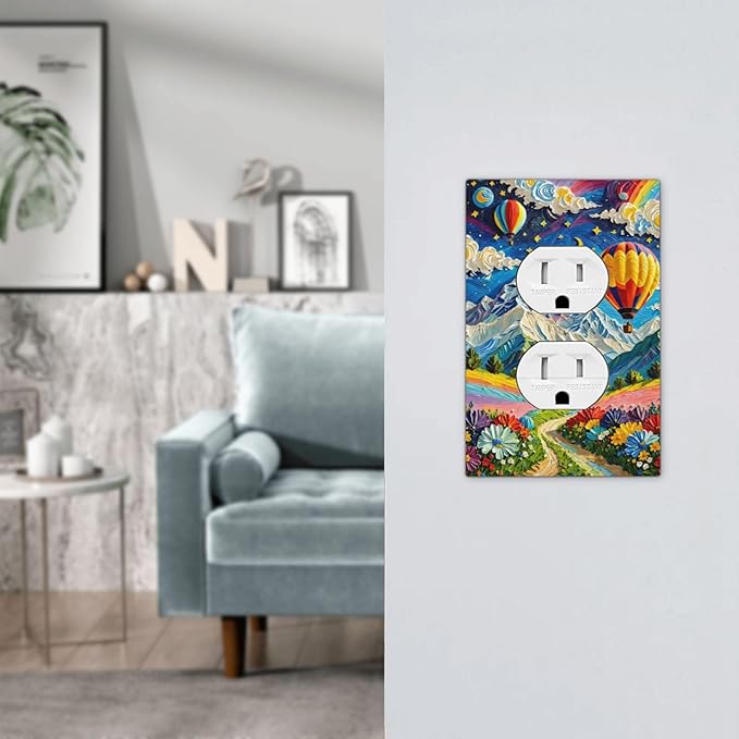Hot Air Balloons Floral Vibrant Colors Flowers Mountains Stars Moon Outlet Covers 1 Gang Duplex Electrical Receptacle Faceplate Light Switch Cover Wall Plate Decorative Switch Plates for Bedroom
