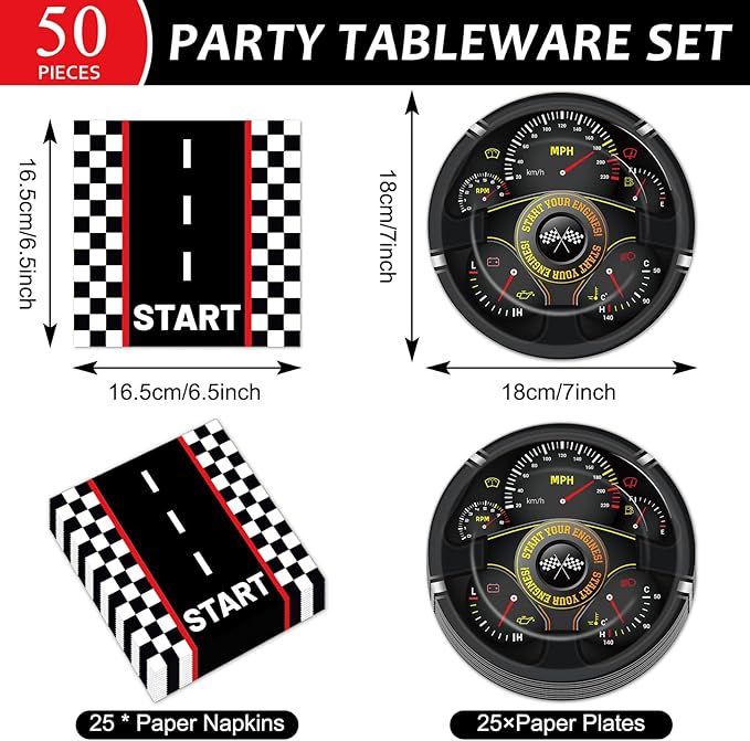 50Pcs Race Car Party Plates and Napkins Race Car Birthday Party Decorations Racing Themed Paper Dessert Plates Start Your Engines Tableware Set Serves 25 Guests Kids Boys Baby Shower Party Supplies