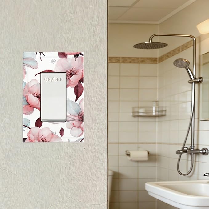 Watercolor Pink Cherry Blossom & Floral Burst Single Rocker Switch Cover - 1-Gang Standard US Size Romantic Floral Escape Light Switch Covers for Bathroom Bedroom Vanity Decor