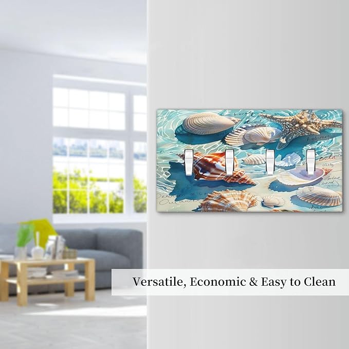 Light Switch Covers Ocean Waves Starfish Conch Scallop Shell Quad Toggle Electrical Faceplate 4 Gang Wall Plate Decorative Switch Plates For Kids Room Nursery Decor