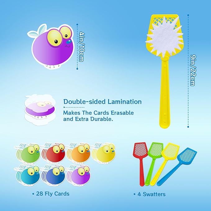 28 Fly Cards,4 Fly Swatter, Fly Swatting Games, Sight Words Games, Math Game for Kids, Blank Cards,Erasable, Card 4 Inch