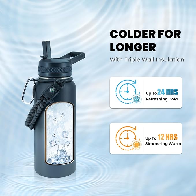 RAYMYLO Insulated Water Bottle 32 oz, Triple Wall Vacuum Stainless Steel (Cold for 24Hrs, Hot for 12Hrs), Leak Proof & Non-BPA, Modern Water Flask Jug with Paracord Handle & Straw Spout Lids