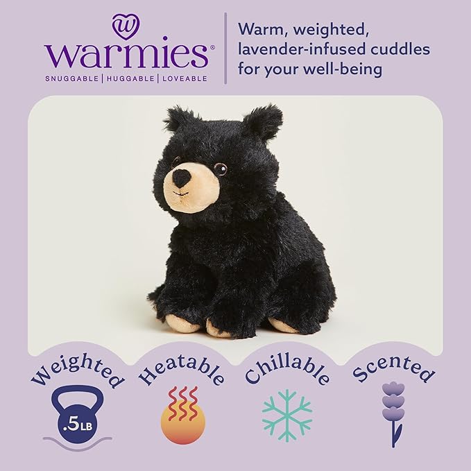 warmies Junior Microwavable & Weighted Stuffed Animals, Black Bear - Heated Stuffed Animal Plushie for Warmth & Comfort - Cute Soft Plush Toys for Adults & Children (Boys, Girls, Babies & Toddlers)