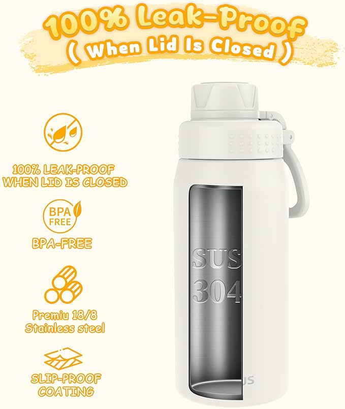 GOPPUS 19oz Kids Water Bottle with Spout Lid, Toddler Water Bottle, Stainless Steel Insulated Water Bottle, Leakproof, BPA Free, Suitable for Boys and Girls for School（Warm White）