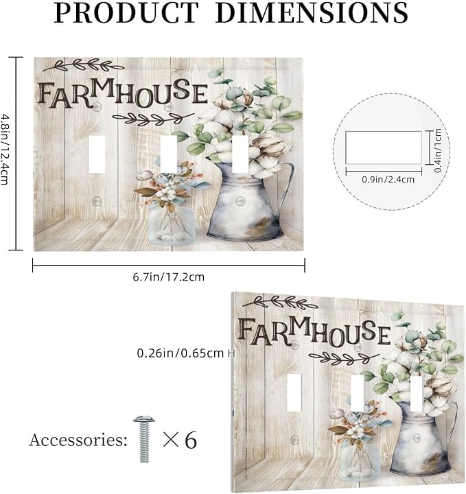 Decorative Switch Plate Covers Farmhouse Floral Cotton 3 Gang Light Switch Cover Rustic Country Flower Triple Toggle Wall Plate Electrical Faceplate for Country Bathroom Bedroom Home Decor