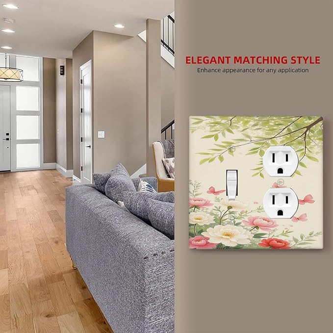 Wallplates Garden Flowers Green Leaves And Butterflies 1 Toggle 1 Duplex Switch Plate Electrical GFCI Faceplate Decorative Light Switch Covers for Bedroom Cabin Decor
