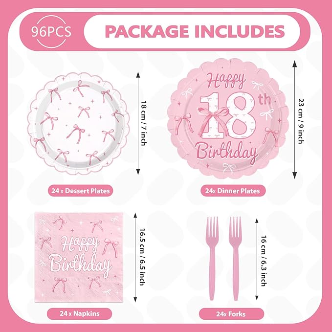 96Pcs Pink Bow Party Supplies Coquette 18th Birthday Party Plates and Napkins Disposable Bow Themed Tableware Set for Girl Happy 18th Birthday Baby Shower Decorations, Serves 24