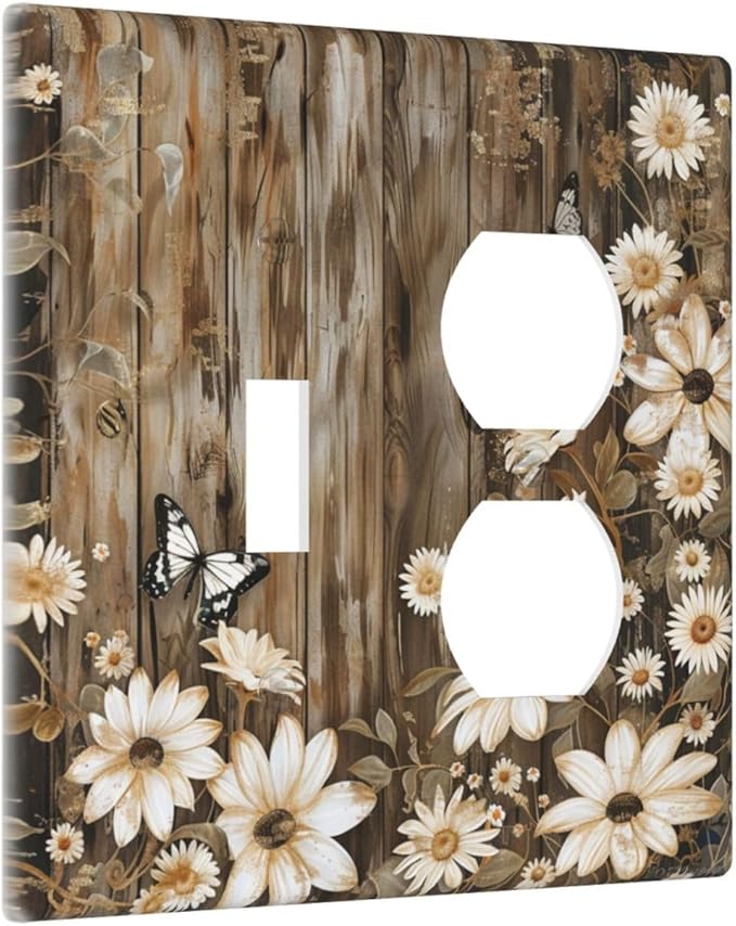 Light Switch Cover Plate Rustic Wood Butterflies Flowers Botanical 2 Gang Decorative Switch Plates 1 Toggle Duplex Combo Outlet Covers GFCI Wall Plates for Farmhouse Cabin Decor