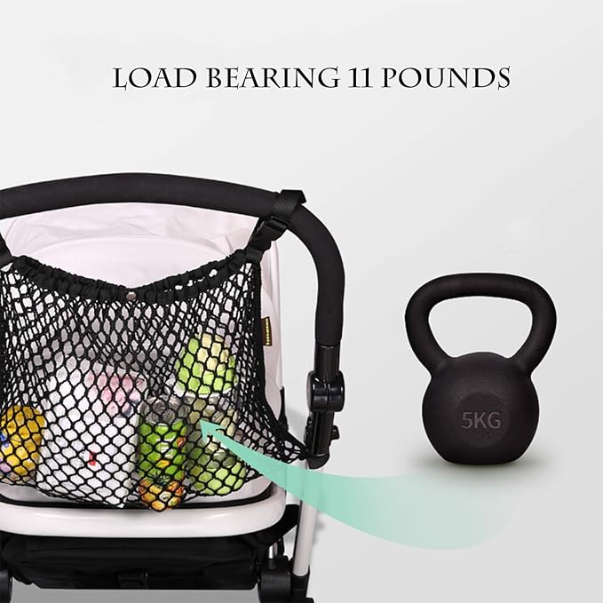 Universal Baby Stroller Organizer Polyester Net Mesh Storage Bag with Extra Large Storage Space, Non-Slip and Adjustable Stroller Accessories for Carrying Diaper Toys and Snacks (Black)