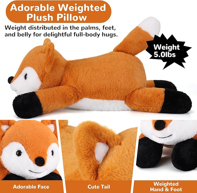 gnomantic Fox Weighted Stuffed Animals - 28 Inch 5.0 Pounds Weighted Plushies Fox - Large Plush Stuffed Animals Pillow - Cute Plush Toys Gifts for Kids & Adults