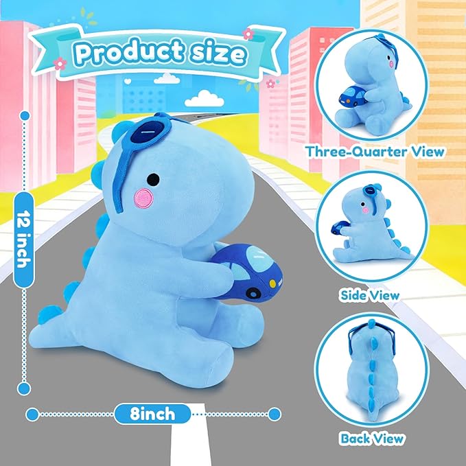 SQEQE Dinosaur Stuffed Animal, Cute Dinosaur Plush Toys with Car, Dino Plushies Anniversary Birthday Gift for Her Girls Boys Boyfriend Girlfriend(Blue,12 inch)