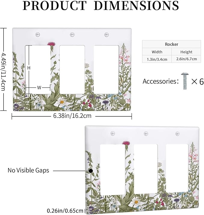 Rustic Wild Floral Vintage Teal Botanical Triple Rocker Light Switch Plate Covers Decorative 3 Gang Decora Wall Plate Gifi Lightswitch Faceplate for Bathroom Kitchen 6.38" X 4.9"