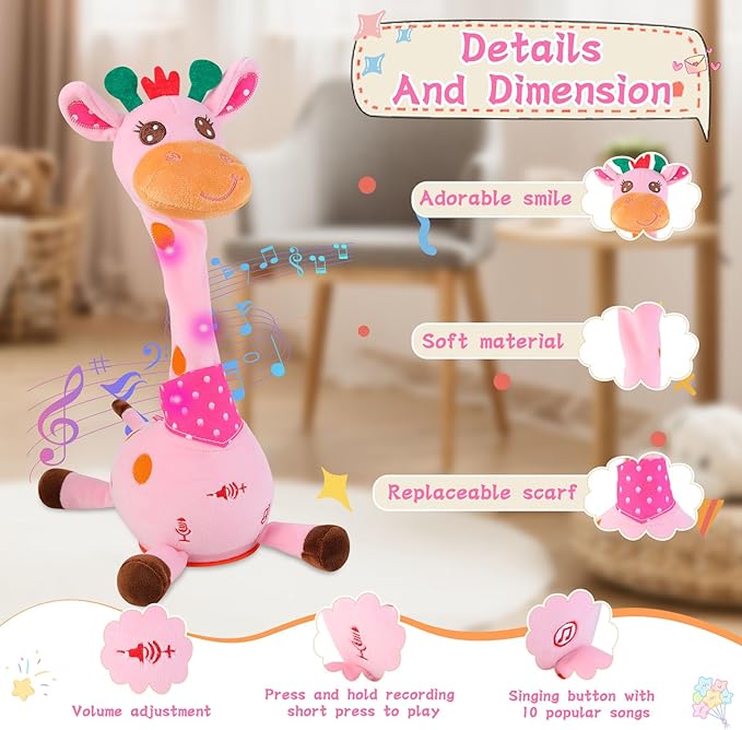 Dancing Giraffe Toy Stuffed Animal Baby Toys Singing Song Toddlers Toy Repeats What You Say Glowing Musical Toy for Baby Birthday Gift Groovy Giraffe Toy (Pink Giraffe)