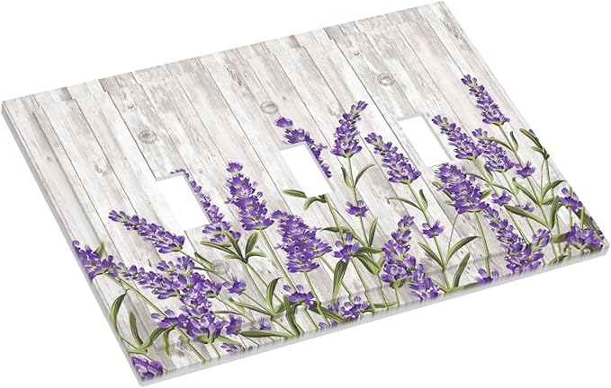 Purple Lavender Rustic Wooden Flowers Floral Plant Decorative Switch Plates 3 Gang Wall Plate Triple Toggle Light Switch Cover Faceplate Electrical Wall Panels for Farmhouse Living Room Decor