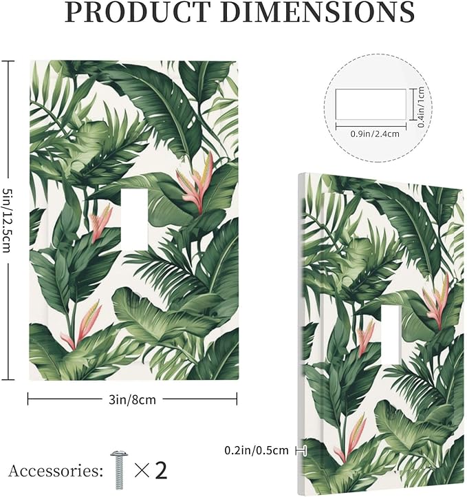 Tropical Leaf Jungle Botanical Palm Tree Greenery Floral Decorative Light Switch Cover 1 Gang Single Toggle Device Electrical Faceplate Switchplates Decorator Outlet Wall Plate for Bedroom Living Room