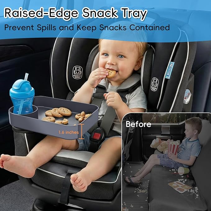 Kids Car Seat Tray, Travel Tray with Cup Holder for Toddler Baby, Kids Car Seat Food Snack Organizer for Road Trip, Stroller Snack Organizer Travel Must Haves Toddler Must Haves (Dark Gray, 1PCS)