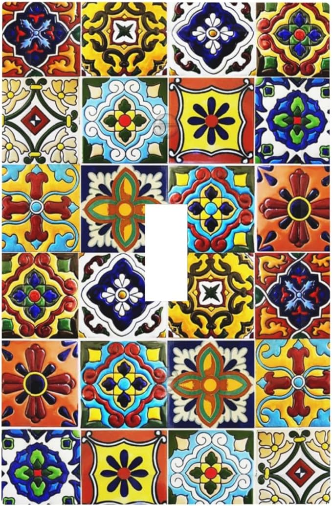 Matte Kitchen Colorful Mosaic Morocco Mexican Mexico Boho Talavera Style Ceramic Tile 1 Gang Electrical Single Toggle Device Switch Wall Plate Jumbo Size Decorative Outlet Light Switch Cover Faceplate