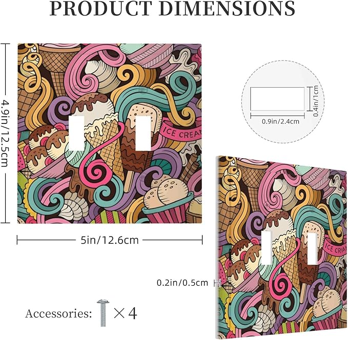 Cartoon Hand Drawn Ice Cream Doodles Colorful Print Decorative Switch Plates 2 Gang Double Toggle Outlet Light Switch Cover Wall Plate Electrical Faceplate for Kids Room Nursery Decor