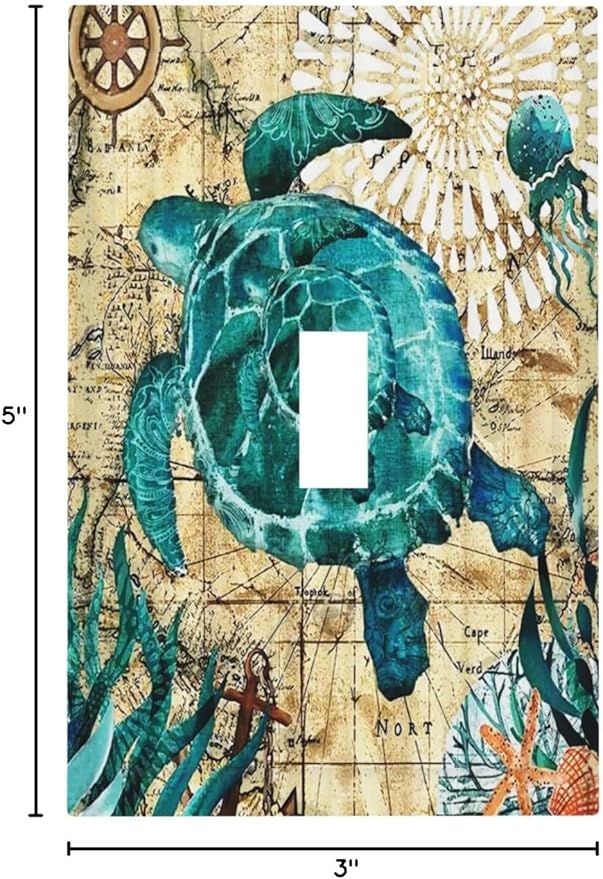 Decorative 1 Gang Single Toggle Light Switch Wall Plate Cover Nautical Ocean Beach Turquoise Teal Sea Turtle World Map Tortoise Mid Size Device Electrical Outlet Cover Receptacle Plug Face Plate