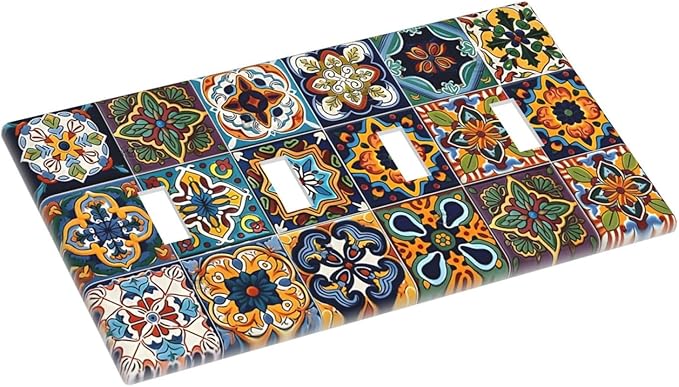 Mexican Talavera Tiles Floral Light Switch Covers Quad Toggle Electrical Faceplate 4 Gang Wall Plate Decorative Switch Plates Cover for Bathroom Kitchen Decor
