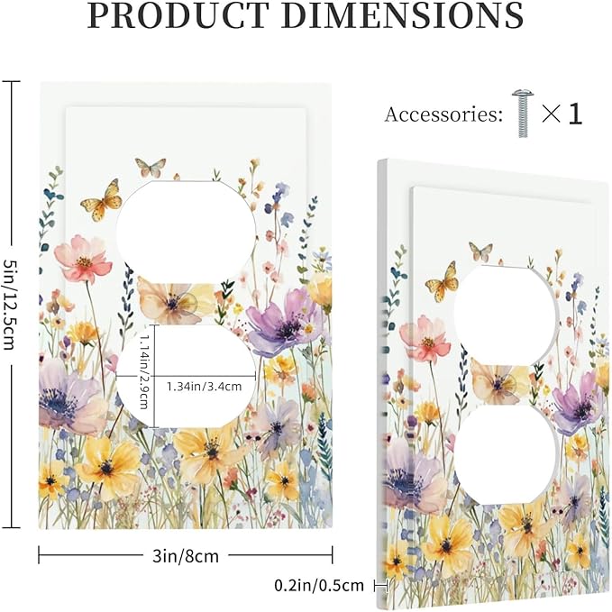 Wildflowers Colorful Flower Butterfly Floral Outlet Covers 1 Gang Duplex Light Switch Cover Decorative Switch Plates Electrical Receptacle Faceplate Wall Plate for Farmhouse Bedroom Decor