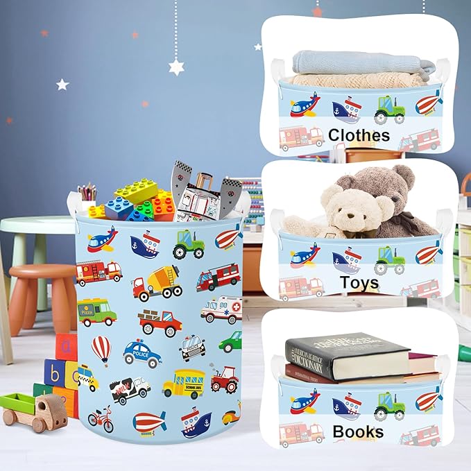 Clastyle Large Construction Truck Kid Laundry Hamper with Handle Boy Bedroom Bathroom Nursery Collapsible Clothes Toy Storage Basket with Lid, Blue, 36x45 cm