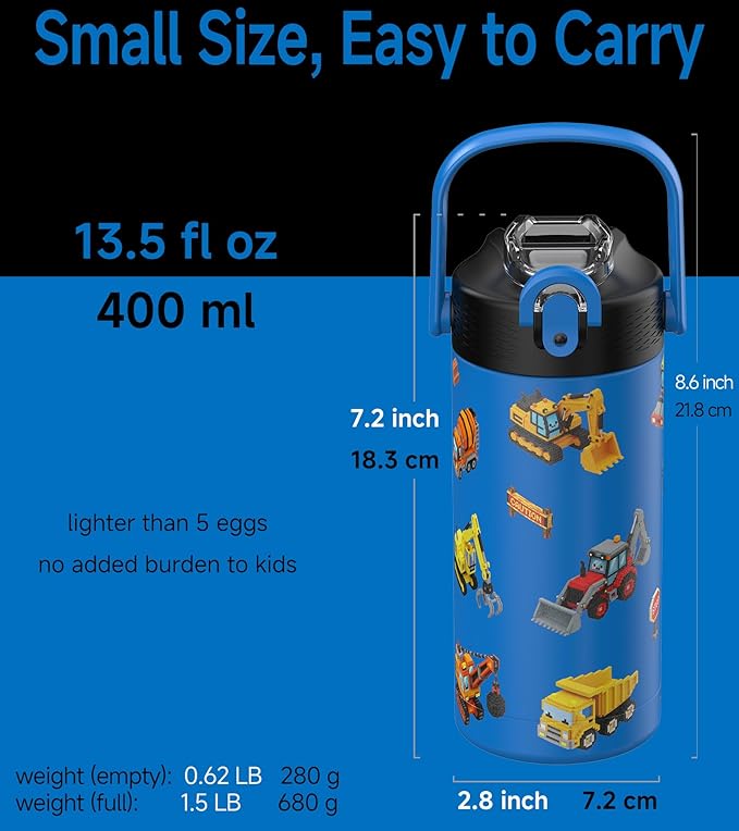 MYFOREST 14oz/400ml Insulated Kids Water Bottle, Odor-Free Surgical Grade Liner, Dishwasher-Safe, Name Spot, Soft Sipper, Gift for Big Machine Fan (Construction Vehicles)