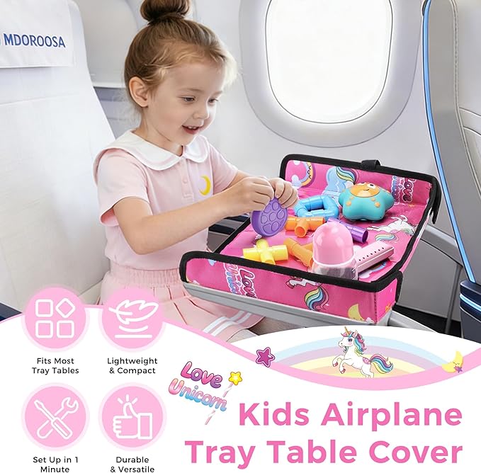 COOLBEBE Airplane Tray Table Cover Foldable Travel Tray Cover for Toddlers 1-3 Universal Fit for Airplane, Car Seat, High Chair Machine Washable, Portable Pink Unicorn