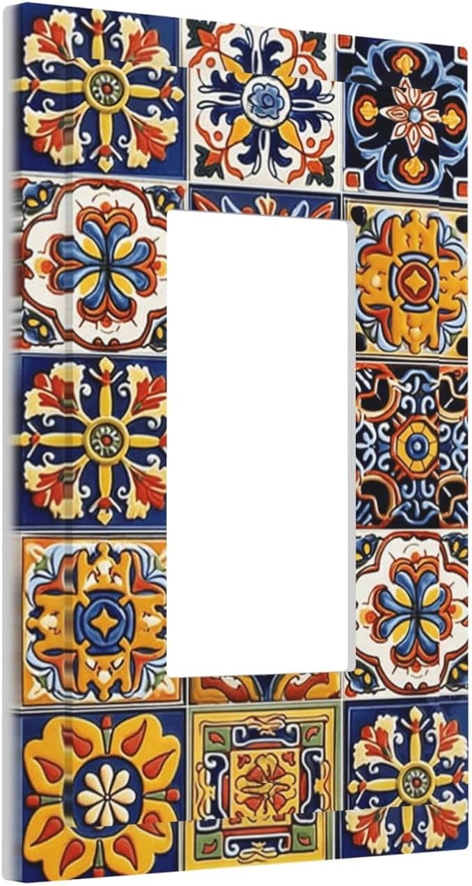 Mexican Talavera Tiles Flower Vintage Decorative Outlet Covers 1 Gang Single Rocker Light Switch Cover Plate Wall Plates GFCI Faceplate for Kitchen Bathroom Decor