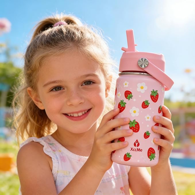 14oz Strawberry Kids Water Bottle With Straw Lid,Insulated Double Wall Leak Proof & BPA-Free Kids Water Bottle,Stainless Steel Tumbler for Toddlers,Metal Bottle for School Boys Girls
