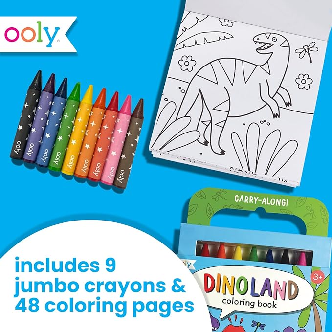 Ooly Travel Art Kit with 9 Jumbo Crayons & 48 Themed Coloring Pages & Case for Easy Traveling Art Creation, Perfect Airplane & Road Trip Activities for Kids - Dinoland