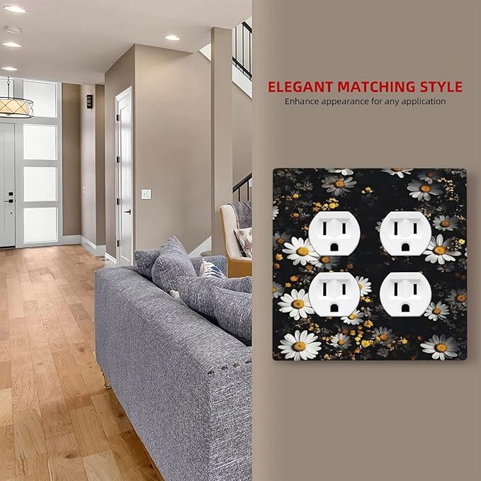 White Black Daisy Wildflower Modern Chrysanthemum Outlet Covers 2 Gang Double Duplex Decorative Light Switch Covers Electrical Wallplates Socket Faceplate for Bedroom Farmhouse Decor