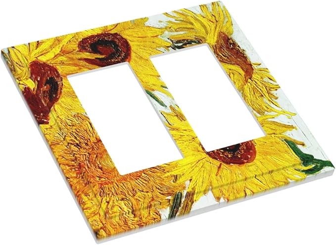 Rustic Sunflower Oil Painting Vintage Flowers Decorative Outlet Covers 2 Gang Double GFCI Rocker Electrical Wall Panels Light Switch Cover Plate for Bed Room Living Room Decor