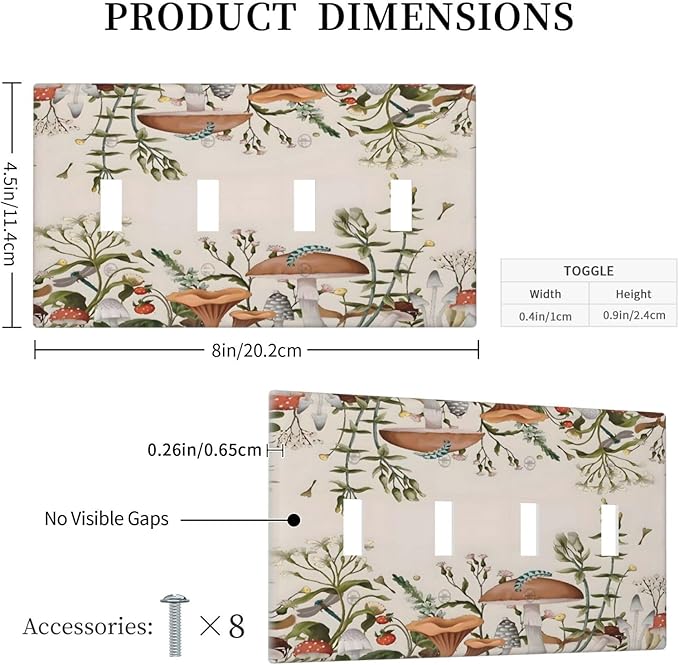 Boho Mushroom Forest Plants Wildflowers Insects Light Switch Covers Quad Toggle Electrical Faceplate 4 Gang Wall Plate Decorative Switch Plates for Kids Room Home Decor