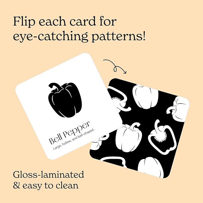Garden for Baby Black and White Cards by Chunky Deli | High Contrast Sensory Toy for Newborn Visual Stimulation & Tummy Time | 10 Laminated Infant Learning Cards | Unique Foodie