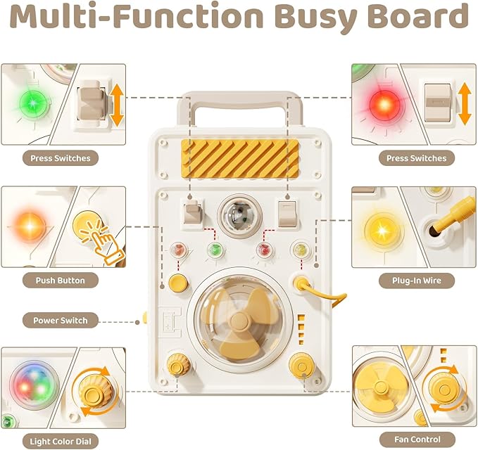 SOCBTNSO Montessori Busy Board for 1+ Year Old - Electronic Light & Activity with Buttons, Switches, Fan & Rotating Knobs | Sensory Learning Travel Toys & Gifts for Toddler Boy/Girl Age 1 2 3