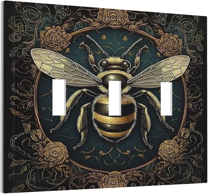 Decorative Switch Plates Mid Century Bee Dark Floral 3 Gang Wall Plate Triple Toggle Light Switch Cover Faceplate Electrical Wall Panels For Home Office Decor