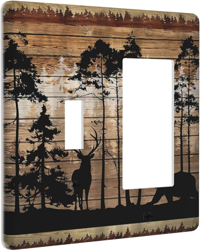 2-Gang 1-Toggle 1-Decora/GFCI Device Combination Wallplate Rustic Mountain Forest Antler Elk Bear Deer Silhouettes Hunting Animal Combo Rocker/Toggle Receptacle Outlet Light Switch Cover Face Plate