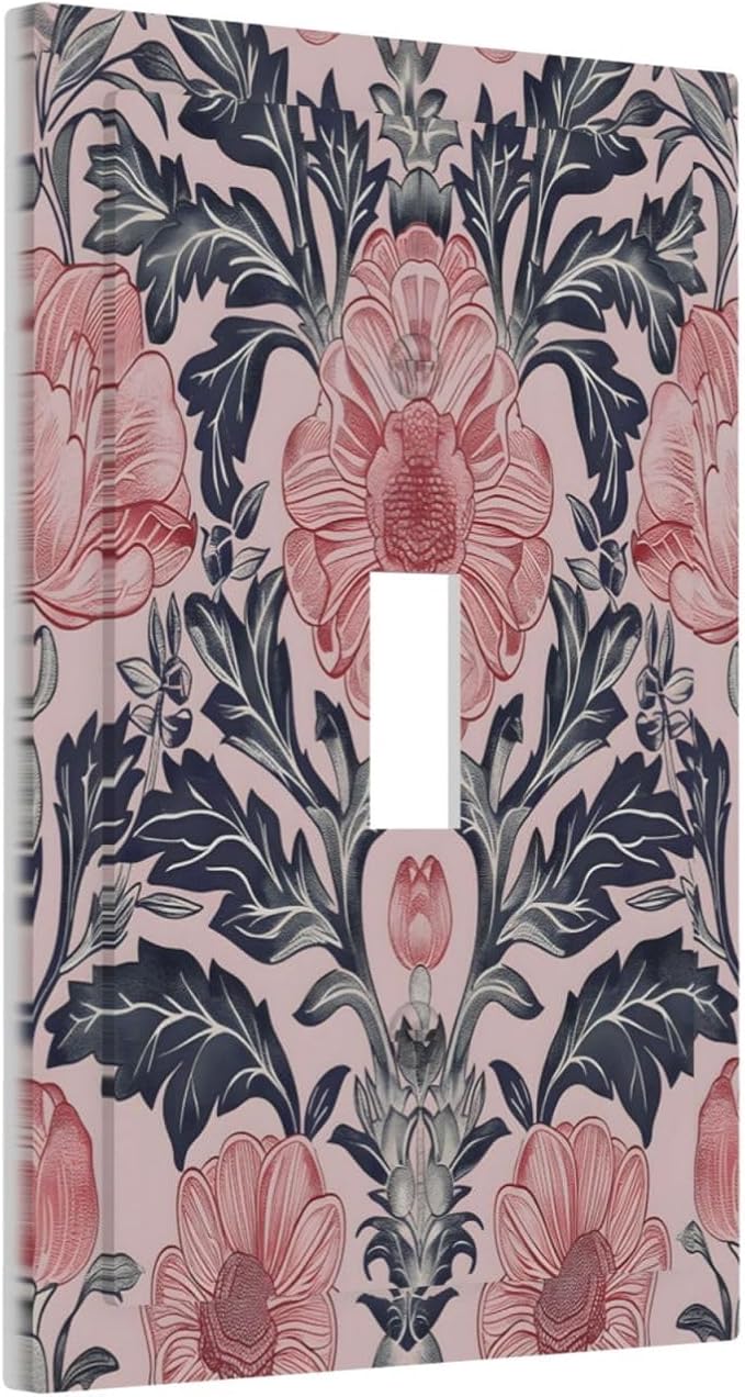 Pink Floral Vintage Botanical Boho Flower Decorative Light Switch Cover 1 Gang Single Toggle Device Electrical Faceplate Switchplates Decorator Outlet Wall Plate for Farmhouse Home Decor