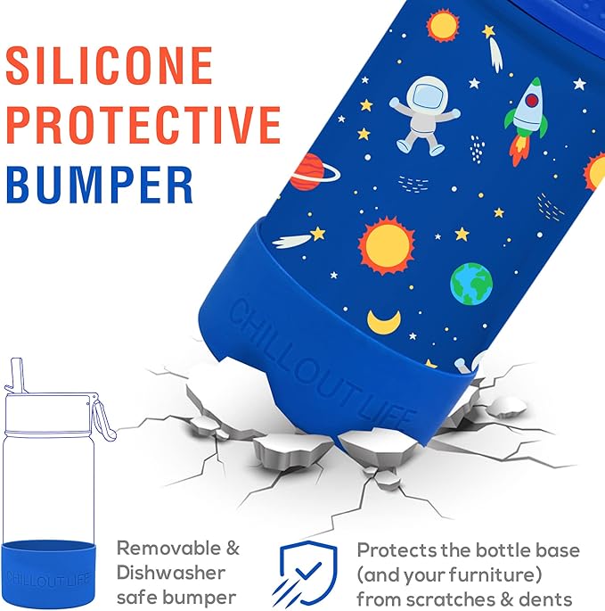CHILLOUT LIFE 12 oz Kids Insulated Water Bottle for School with Straw Lid Leakproof and Cute Waterproof Stickers, Personalized Stainless Steel Thermos Flask Metal Water Bottle, Blue Space