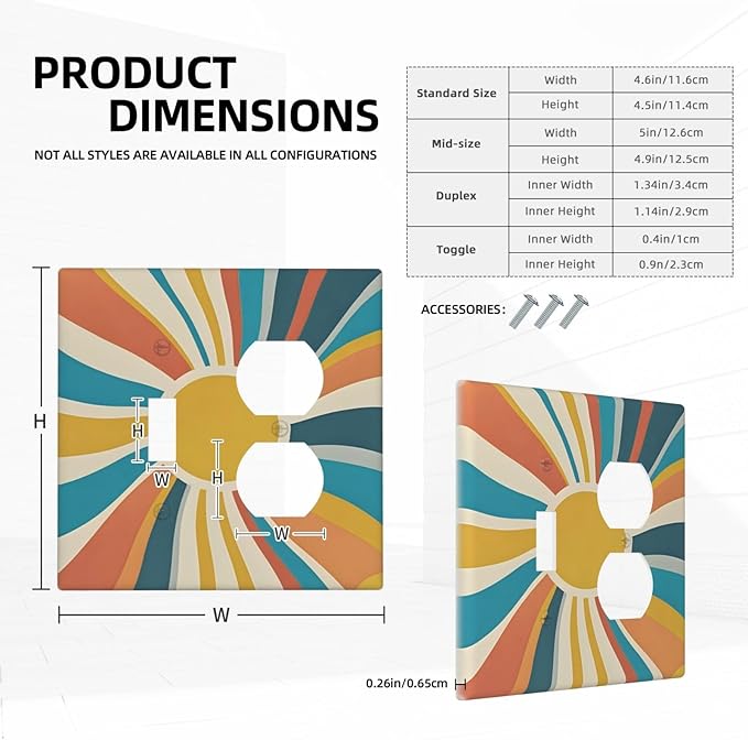 Decorative Switch Cover Plate with Retro Mid-Century Modern Sunburst Motif Design Toggle Duplex Wall Plate 2 Gang Light Switch Cover Outlet Covers for Abstract Teal/Yellow/Orange Wall Decor