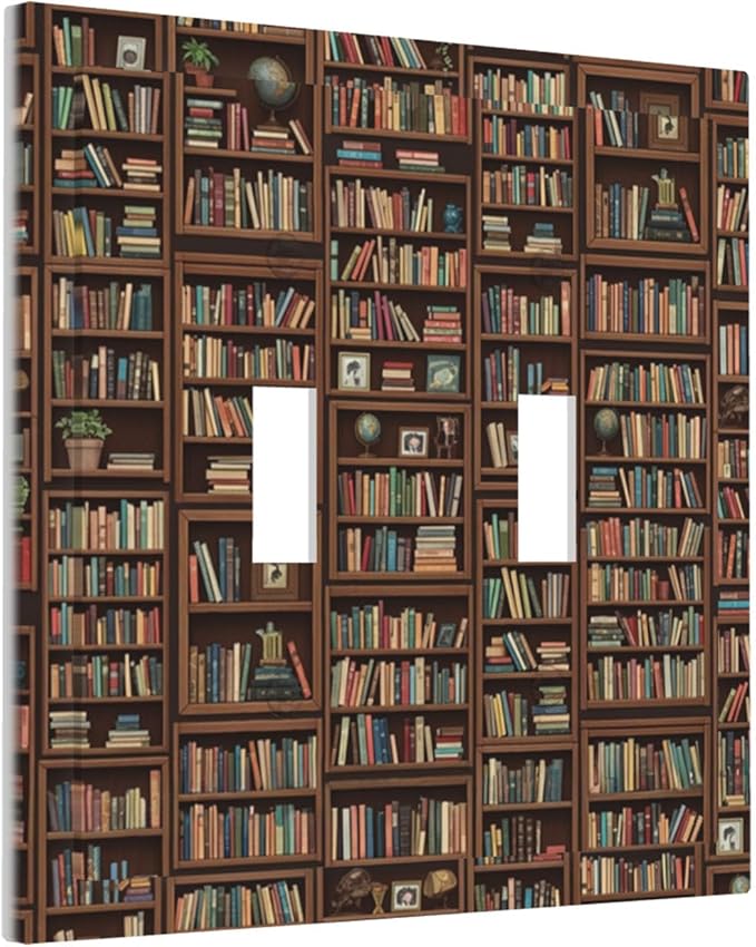 Vintage Library Bookshelf Double Toggle Switch Cover - 2-Gang Standard US Size Dark Academia Book Lover's Dream Light Switch Covers, Cozy Bookshelf for Study Room Decor