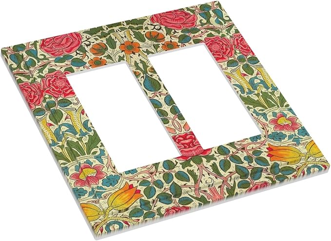 William Morris Roses Floral Double Rocker Light Switch Cover Plate VintageTulip Flower Plant Bird 2 Gang Outlet Covers Switchplates Decorative Electrical Faceplate for Bedroom Kitchen Décor