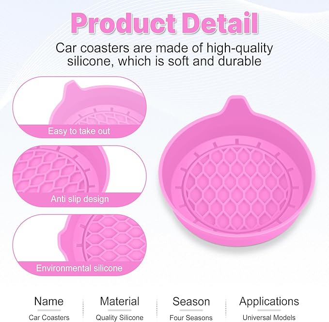 SINGARO Car Cup Holder Coaster, Silicone Cup Holder Insert, Universal Non-Slip Cup Holders, Car Accessories Interior for Women and Man 4 Pack Pink