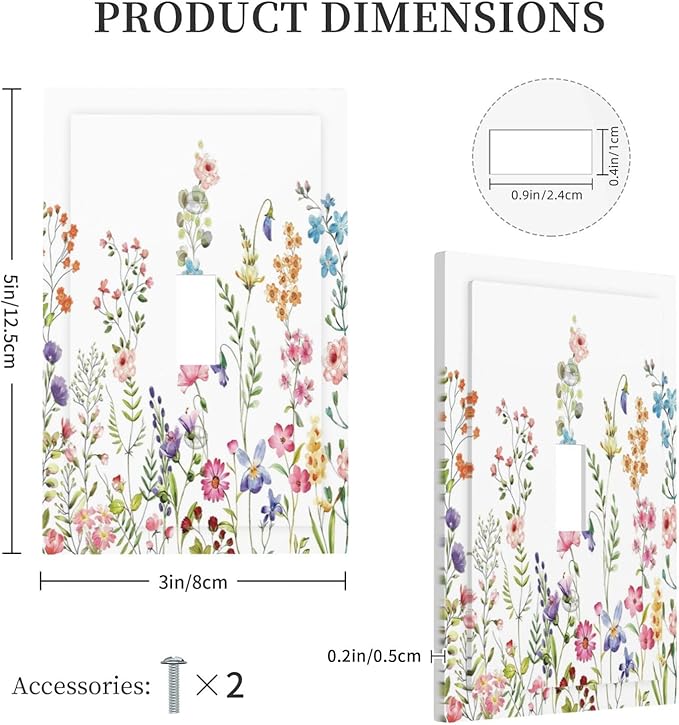 Boho Watercolor Wildflowers Floral Plants Flower Decorative Light Switch Cover 1 Gang Single Toggle Device Electrical Faceplate Switchplates Decorator Outlet Wall Plate for Bedroom Living Room Decor
