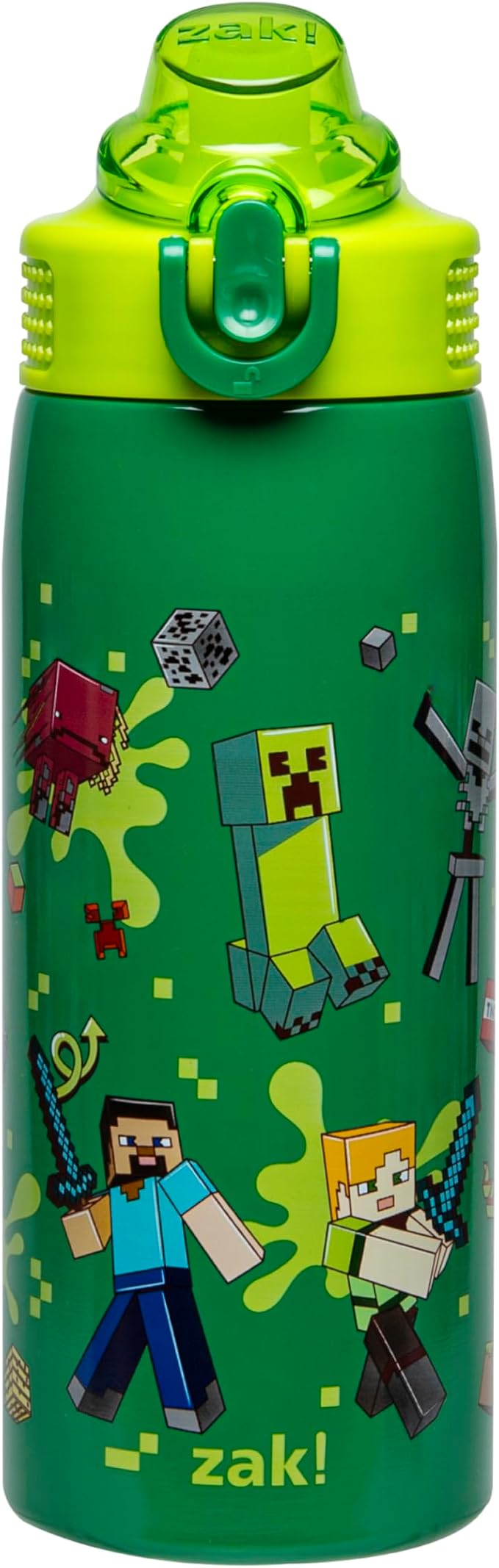 Zak Designs Minecraft Sage Kids Water Bottle For School or Travel, 19oz Stainless Steel Water Bottle With Straw, Handle, and Leak-Proof, Pop-Up Spout Cover (Steve, Alex, Mobs)